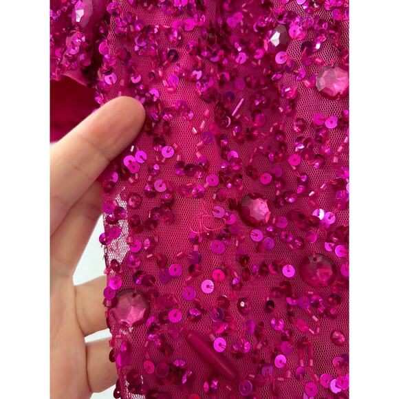Mac Duggal Hot Pink Beaded Sequined Puff Sleeve One Shoulder Gown Dress Size 10 - Picture 8 of 16